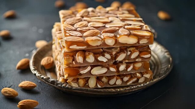 Layers of Turron, a traditional almond nougat candy, stacked on a vintage plate
