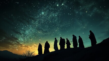 Silhouettes of pilgrims walking up a hill at night under a starry sky.Journey. Faith. Spirituality.Pilgrimage concept, religious journey, spirituality poster, historical event, sacred walk, spiritual 