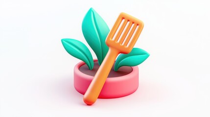 Colorful 3D Render of Spatula in Pot with Plants Fresh Food Concept