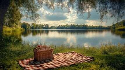 A scenic lakeside picnic spot with a checkered blanket, a wicker basket, and serene waters reflecting the sky and surrounding greenery.