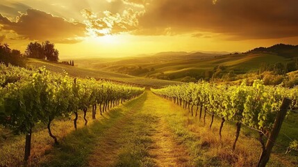 Naklejka premium A scenic vineyard under the golden light of late afternoon, with rows of grapevines stretching toward rolling hills in the distance.
