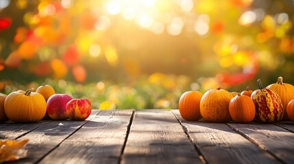 Autumn Harvest Scene with Pumpkins and Apples on Wooden Table in Soft Light