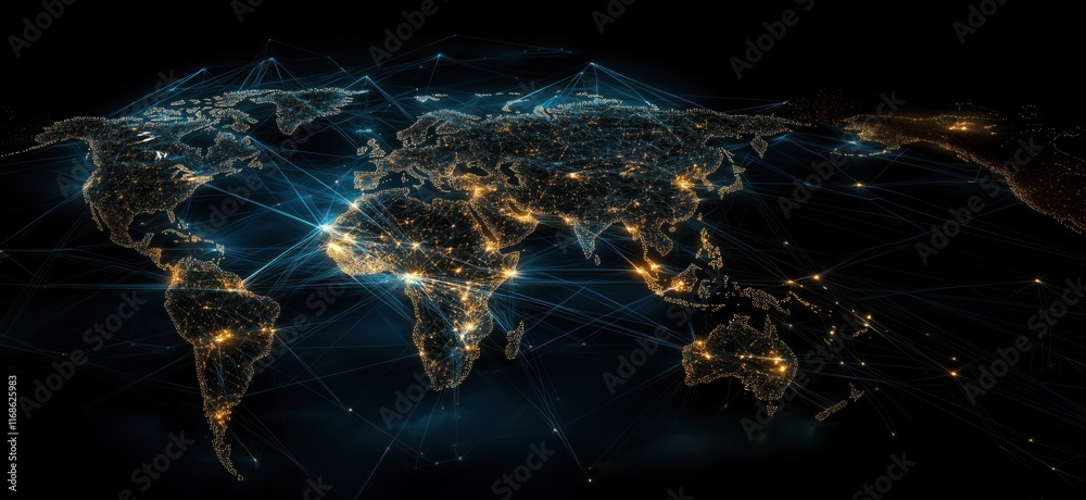 Poster global network connectivity visualization with illuminated cities and data lines across continents, 