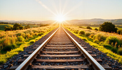 Obraz premium Railway tracks leading to sunset in open countryside, journey symbolism