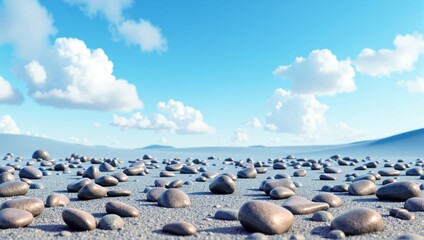 Scattered pebbles on sandy beach under blue sky with clouds