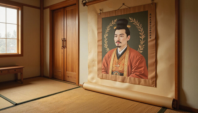 Emperor Jimmu portrait displayed in traditional Japanese room, historical significance