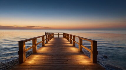 Obraz premium wooden pier path illuminated by a warm glow sunset