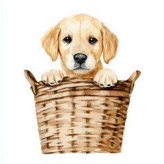 cute puppy peeking out of wicker basket, showcasing its playful nature and charm