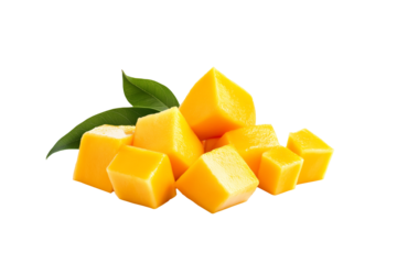 Closeup of ripe mango cut into cubes, vibrant yellow flesh, green skin, isolated on white transparent background, concept of tropical fruits