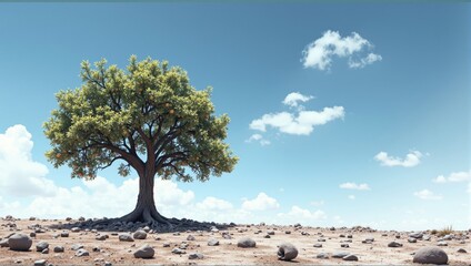 Lonely fruit tree growing in arid landscape under blue sky