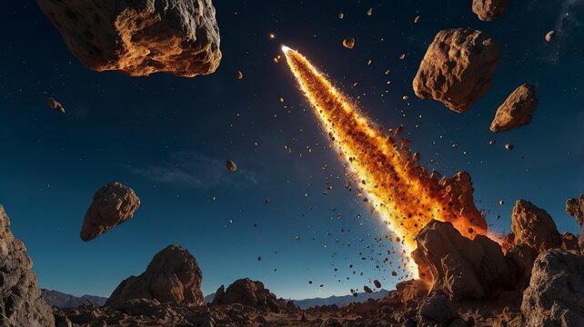 Asteroids swarm of boulders or stone meteorite isolated on transparent png background, flying rock in the space.