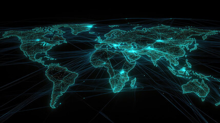 A glowing digital world map with neon blue and green lines connecting major cities across a dark background, representing global communication 