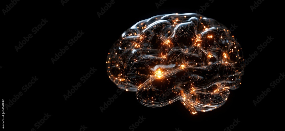 Poster illuminated brain model with glowing neural connections and abstract design, representing intelligen