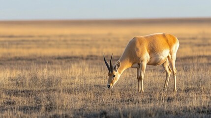 Naklejka premium A large and endangered saiga antelope grazing in the open Eurasian steppe, its unique bulbous nose and slender legs making it a rare sight.