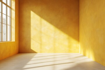 3D yellow room corner serves as an empty interior with a modern wall, floor, and art wallpaper, providing a versatile backdrop for home design, studio presentations, and product displays 