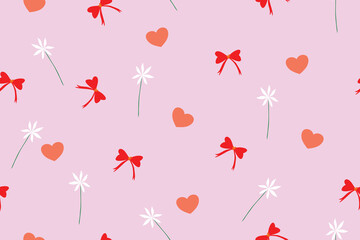 Seamless red ribbon bow pattern, liberty ditsy print | White daisy flowers | Orange flower | Design for pillow, blanket, rug, carpet, fabric, fashion, clothing, wallpaper, accessory