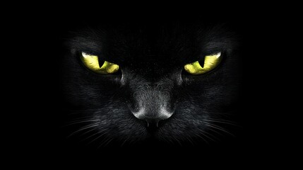 A close-up of a black cat's face with striking yellow eyes against a dark background.
