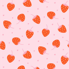 Simple seamless pattern with strawberries and hearts on a pink background. Cute summer print with red berry for wrapping paper, fabric, wallpaper. Vector texture © Екатерина Заносиенко
