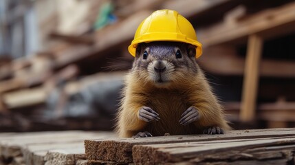 Cute prairie dog wearing a yellow hard hat on a construction site.