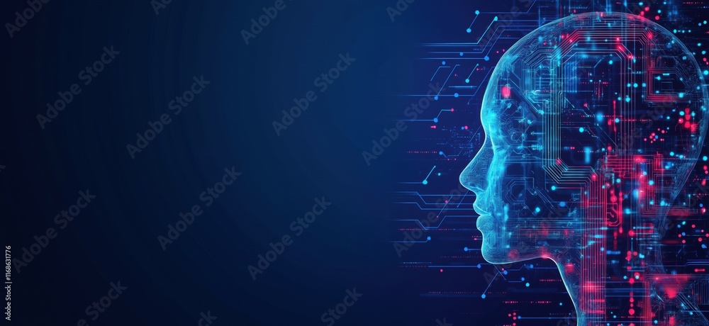 Poster artificial intelligence head silhouette with circuit patterns and digital elements representing tech