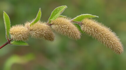 Obraz premium Close-up View of Fuzzy Catkins on a Willow Tree Branch in Natural Setting