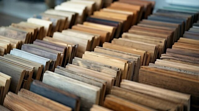 Stacked wooden planks showcasing different wood grains and colors