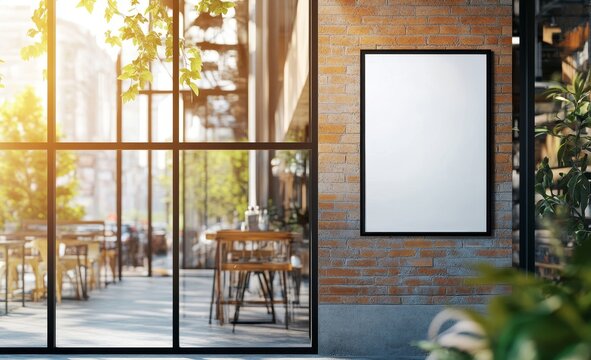 Blank vertical poster mockup on brick wall of cafe.