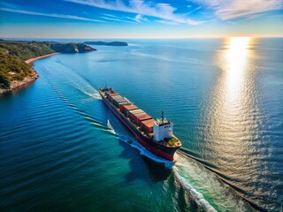 Fototapeta premium Aerial View: Cargo Ship Tranversing the Black Sea near Crimea - Copy Space