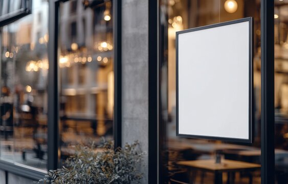 Blank square sign on cafe window. (1)