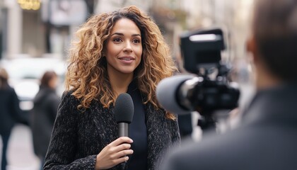 Journalist reporting live news with microphone and videographer in city street