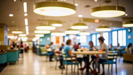 a of a hospital cafeteria with tables and healthy food options, capturing the lively atmosphere with a blurred background of patients and staff enjoying meals