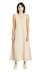 Png woman in a beige dress mockup