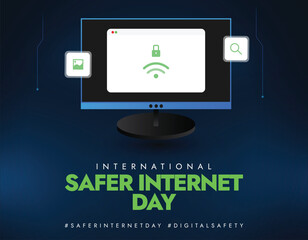 International Safer Internet Day. Internet Safety or Cyber security awareness post with Computer screen, Wi-Fi sign and search icon. Online Security awareness and education banner.