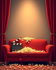 Cinema poster with red sofa, spilled popcorn and a movie clapperboard on a backdrop with red curtains