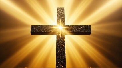 Golden cross with radiant light beams symbolizing faith and spirituality