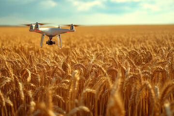 Drone hovers over expansive golden wheat fields, employing advanced sensors to collect data on crop health and agricultural conditions