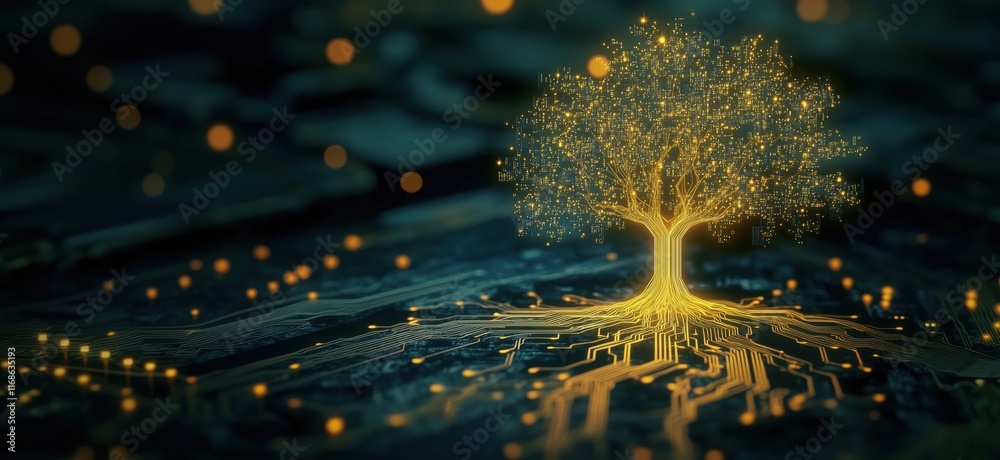 Poster digital tree symbolizing growth and technology, illuminated with glowing circuits and data points, r