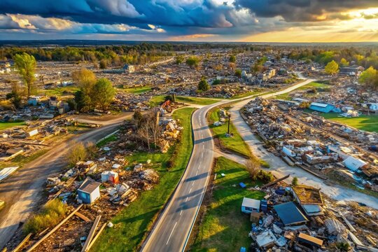 Aerial View Devastating EF5 Tornado Damage: Mile-Wide Path of Total Destruction