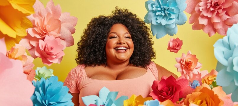 Plus size model surrounded by colorful paper flowers is smiling
