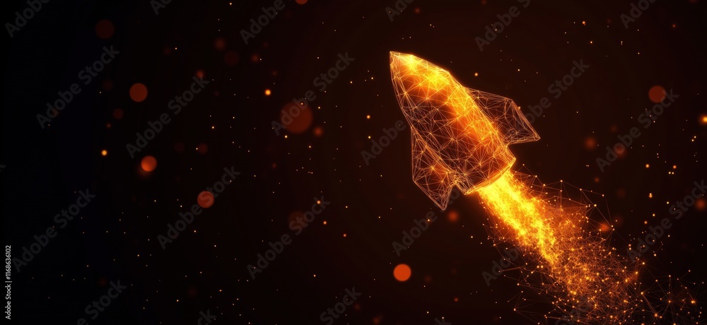 Poster rocket launching into space with fiery trail and abstract particle background, copy space for text