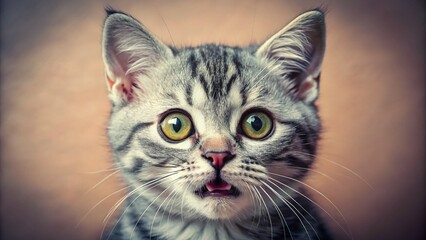 Obraz premium Funny Surprised Gray American Shorthair Kitten During Grooming - Vintage Photo
