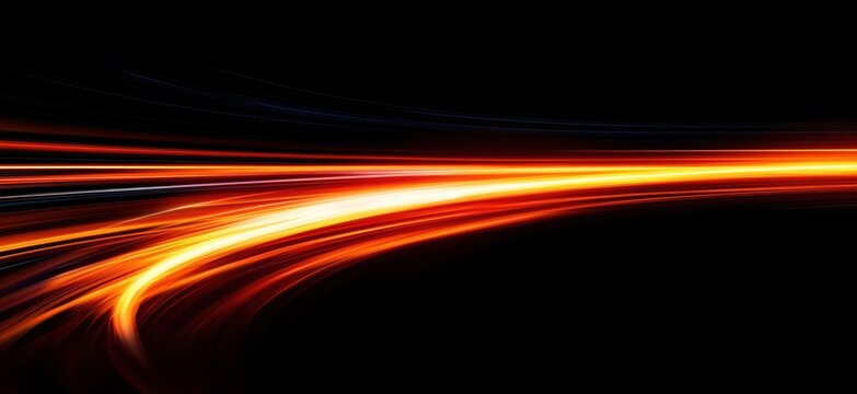 Dynamic light trails in vibrant orange and red hues against a black background, showcasing motion and energy, copy space for text