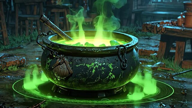 Video footage of bubbling cauldron emits green smoke, surrounded by a glowing green circle, in a rustic, dimly lit room with wooden furniture and various objects