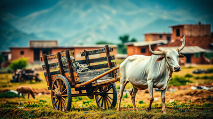 Obraz premium A serene rural scene with a white ox pulling a rustic wooden cart through tall grass. A small village nestled among rolling hills is set against a dramatic sky with dark clouds and patches of blue.