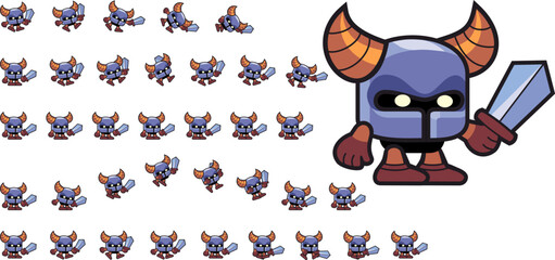 Vector editable cartoon character, funny knight in helmet with horns, armed with sword.  
Available for use in animation. Character for animation in shooter or fighting video games and  adventure game