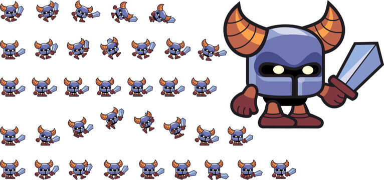 Vector editable cartoon character, funny knight in helmet with horns, armed with sword.  
Available for use in animation. Character for animation in shooter or fighting video games and  adventure game