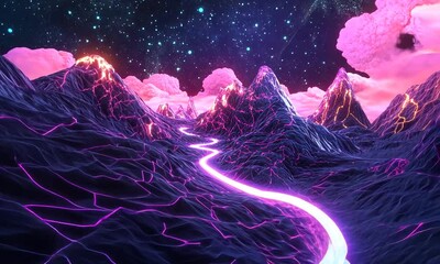 Neon Mountainscape under a Starry Sky: A Digital Art of Glowing Peaks and Luminous Pathways - Powered by Adobe