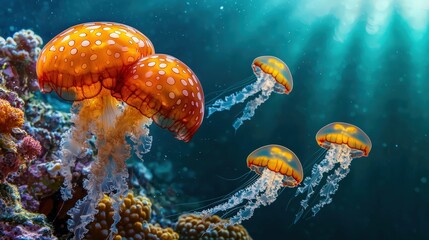 A vibrant coral reef with jellyfish gracefully floating nearby.