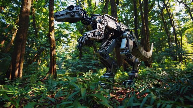 Humanoid Robot, Metallic Endoskeleton, Anthropomorphic Design, Forest Backdrop, Autumnal Setting