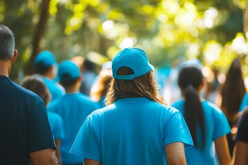 Volunteers walking together wearing blue shirts in nature